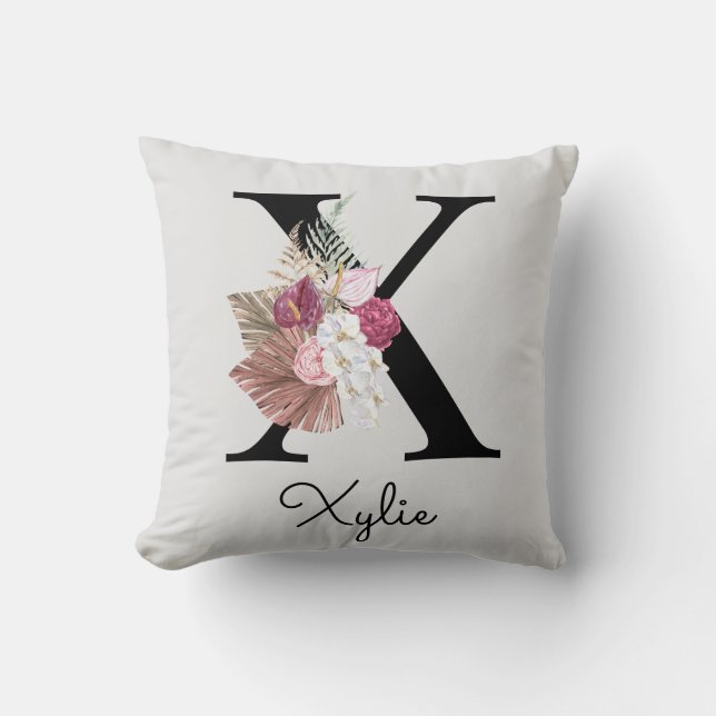 Monogram Pink Boho Girly Floral Initial X Kissen (Vorderseite)