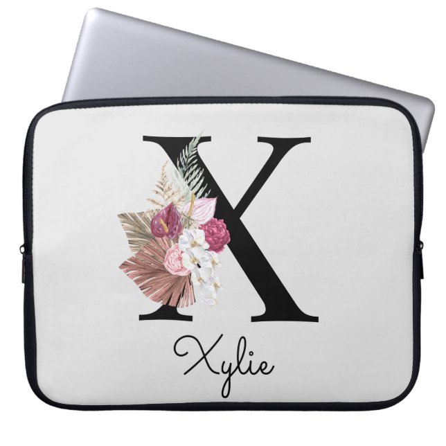 Monogram Pink Boho Girly Floral Initial X Laptopschutzhülle (Vorderseite)