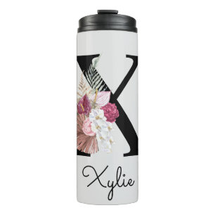 Monogram Pink Boho Girly Floral Initial X Thermosbecher