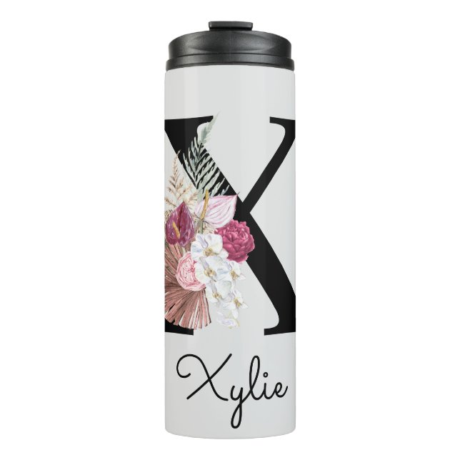 Monogram Pink Boho Girly Floral Initial X Thermosbecher (Vorderseite)