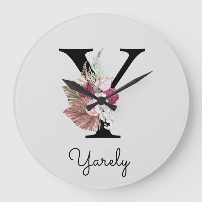 Monogram Pink Boho Girly Floral Initial Y Große Wanduhr (Vorderseite)