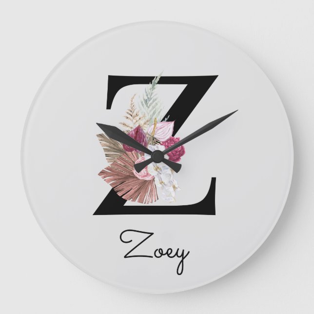 Monogram Pink Boho Girly Floral Initial Z Große Wanduhr (Vorderseite)