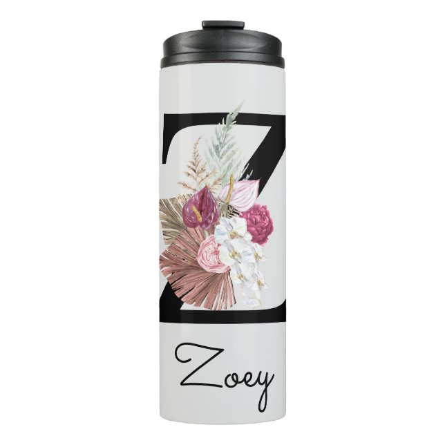Monogram Pink Boho Girly Floral Initial Z Thermosbecher (Vorderseite)