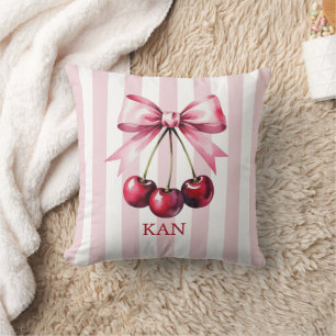 Monogram Pink Bow Cherries Coquette Ästhetik Kissen