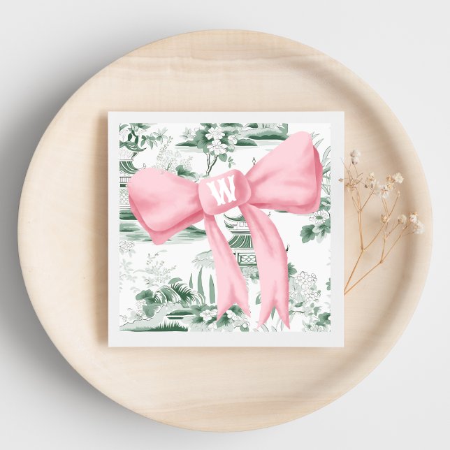 Monogram Pink Bow Chinoiserie Preppy Napkin Serviette (Von Creator hochgeladen)