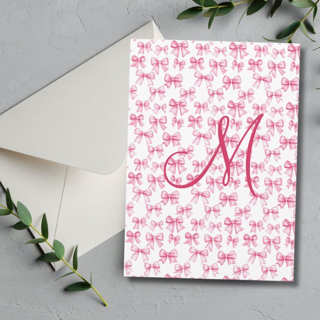 Monogram Pink Bow Coquette Ästhetische Stationieru (Pink bow monogram initial preppy thank you card for her. Bridal shower, or personal)