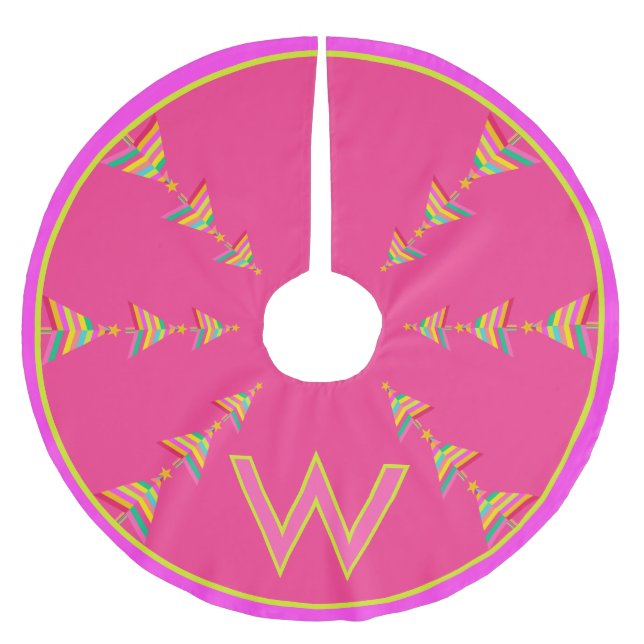 Monogram Pink Christmas Geometric Rainbow Strip Polyester Weihnachtsbaumdecke (Vorderseite)