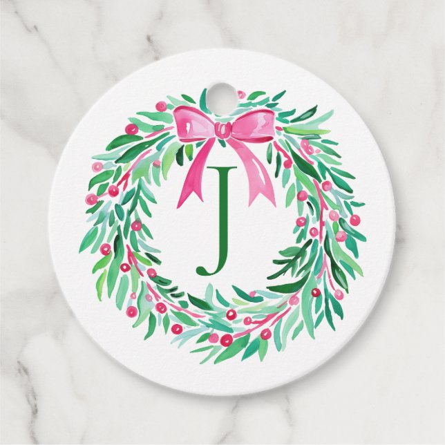 Monogram Pink Christmas Wreath Gift Tag Geschenkanhänger (Vorderseite)