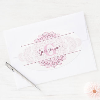 Monogram Pink Confetti Lace Ornamental Mandala Ovaler Aufkleber