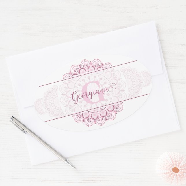 Monogram Pink Confetti Lace Ornamental Mandala Ovaler Aufkleber (Umschlag)