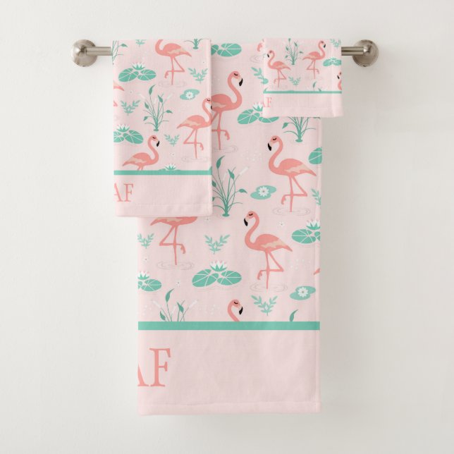 Monogram Pink Flamingos Green Palm Blätter Tropica Badhandtuch Set (Insitu)