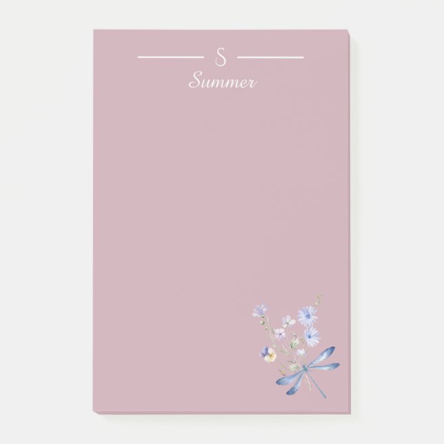 Monogram Pink Floral Dragonfly Botanische Hütte Post-it Klebezettel (Vorderseite)
