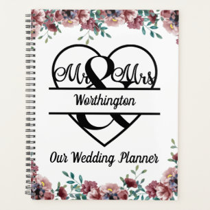 Monogram Pink Floral Name Heart Wedding Planer