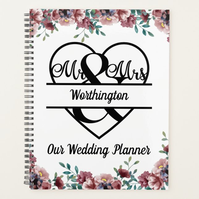 Monogram Pink Floral Name Heart Wedding Planer (Vorderseite)