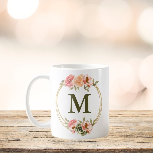 Monogram Pink Floral Watercolor Tasse (Von Creator hochgeladen)