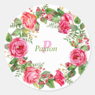 Monogram Pink Floral Wedding Runder Aufkleber