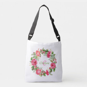 Monogram Pink Floral Wedding Tragetaschen Mit Langen Trägern