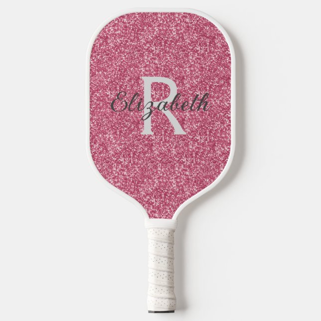 Monogram Pink Glitzer Gray Sparkle Trendy Glam Pickleball Schläger (Vorderseite)