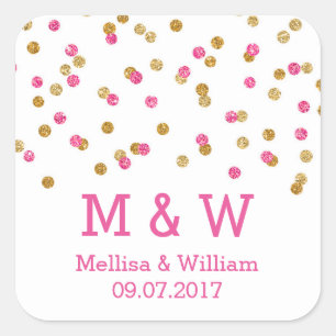 Monogram Pink Gold Confetti Gastgeschenk Hochzeit Quadratischer Aufkleber