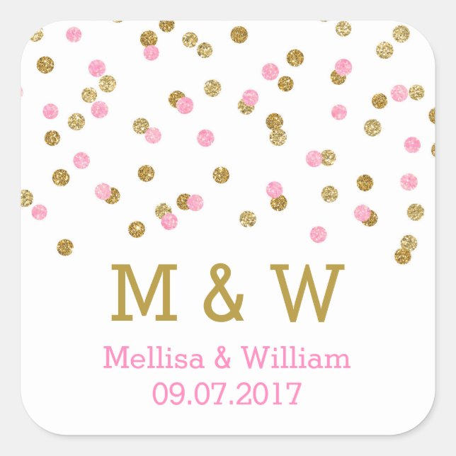 Monogram Pink Gold Confetti Gastgeschenk Hochzeit  Quadratischer Aufkleber (Vorderseite)