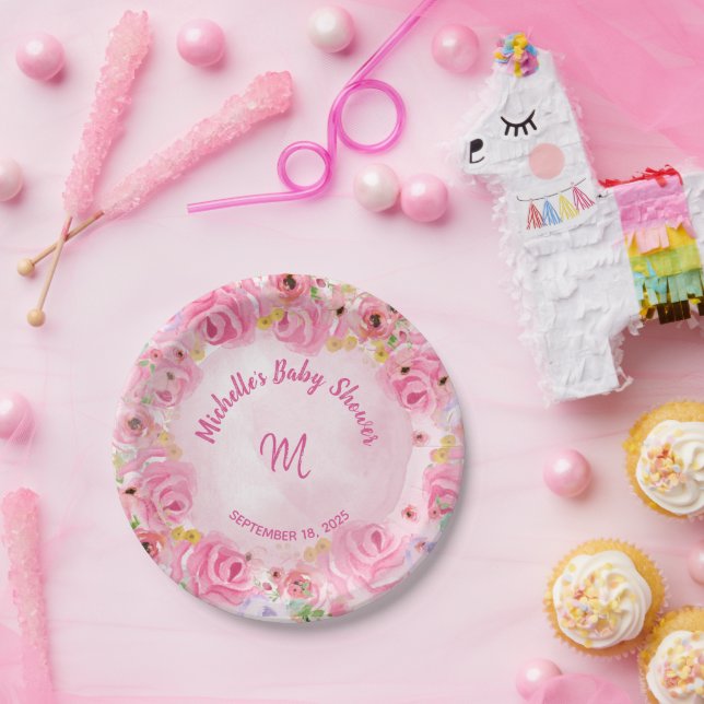 Monogram Pink Gold Floral Baby Dusche Pappteller (Party)