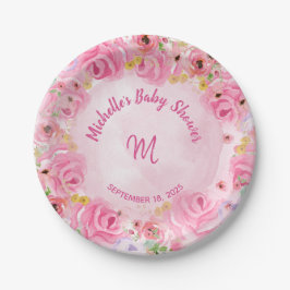 Monogram Pink Gold Floral Baby Dusche Pappteller