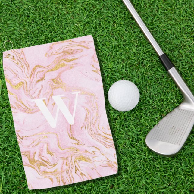 Monogram Pink Gold Glitzer Marmor Golfhandtuch (Von Creator hochgeladen)