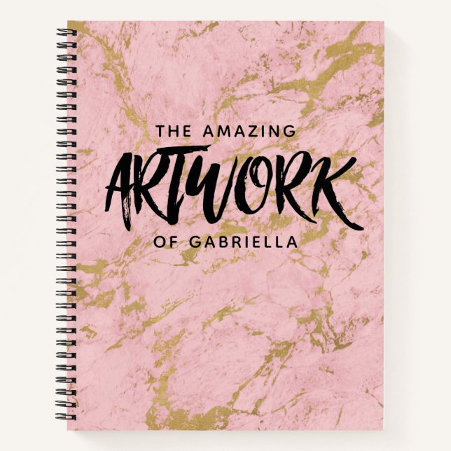 Monogram Pink Gold Marble Artist Sketchbook Notizbuch (Vorderseite)