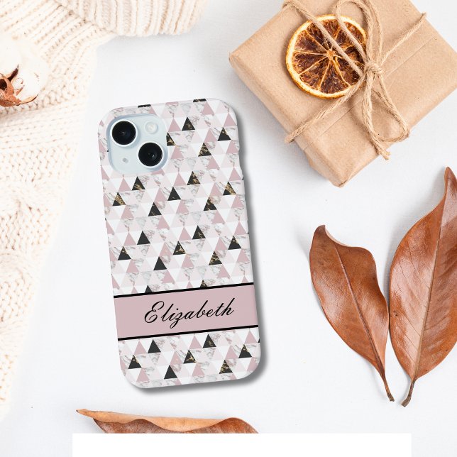 Monogram Pink Gold Schwarz-weiß Marble Geometric iPhone 15 Hülle (Monogrammed Name Pink Black White Gold Geometric design iPhone Samsung Phone Case)