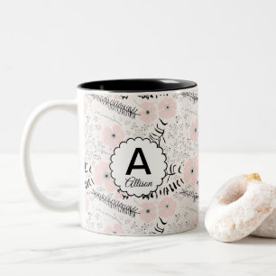 Monogram Pink Grau Floral Muster Zweifarbige Tasse