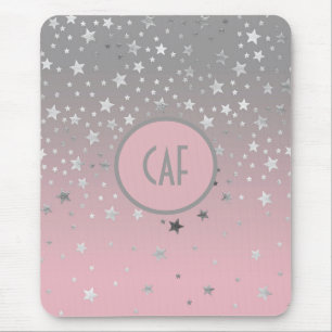 Monogram Pink Gray Stars Ombre Trendy Chic Mousepad