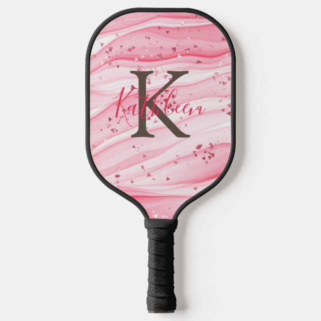 Monogram Pink Gray White Sparkle Glitzer Swirl Pickleball Schläger (Vorderseite)