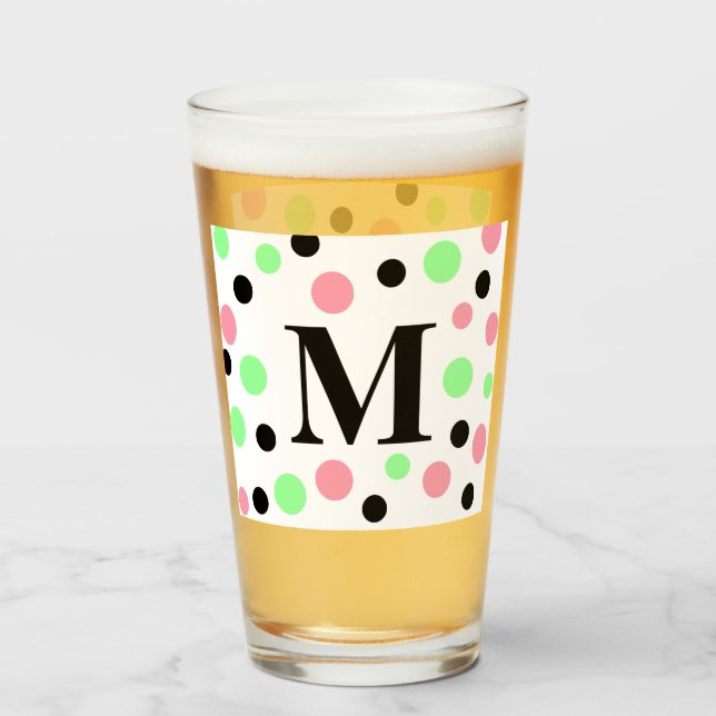 Monogram Pink Green Black Polka Dots Glas (Vorne (Gefüllt))
