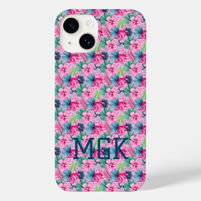 Monogram Pink Green Blue Floral Bright Tropical Case-Mate iPhone Hülle (Rückseite)