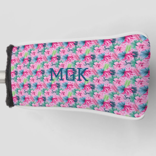 Monogram Pink Green Blue Floral Bright Tropical Golf Headcover (Vorderseite)