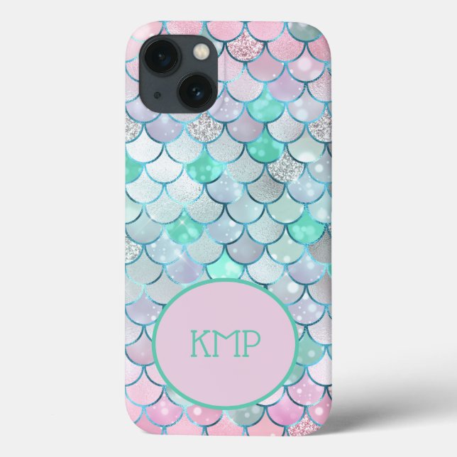 Monogram Pink Green Glitzer Mermaid Scales Case-Mate iPhone Hülle (Rückseite)