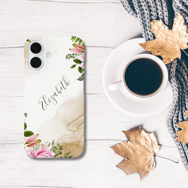 Monogram Pink Green Gold Floral Alcohol Tinte Case-Mate iPhone Hülle (Monogram Name Pink Green Floral Watercolor Wash Alcohol Ink iPhone case)