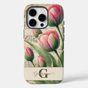 Monogram Pink & Green Vintag Tulips Noten iPhone 16 Pro Hülle