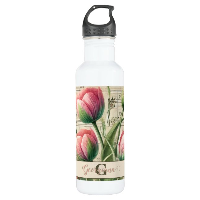 Monogram Pink & Green Vintag Tulips Noten Edelstahlflasche (Vorderseite)