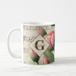 Monogram Pink & Green Vintag Tulips Noten Kaffeetasse