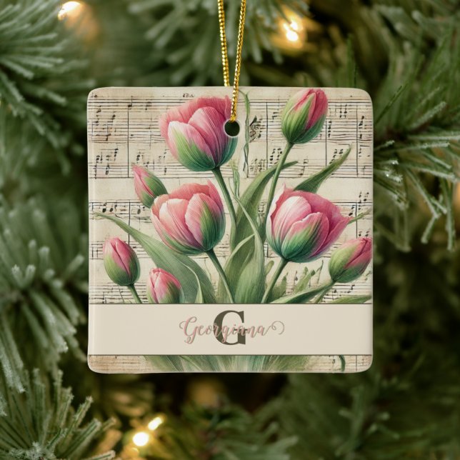 Monogram Pink & Green Vintag Tulips Noten Keramikornament (Baum)