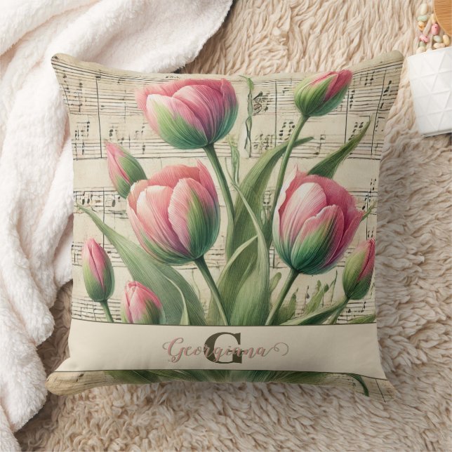 Monogram Pink & Green Vintag Tulips Noten Kissen (Decke)