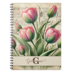 Monogram Pink & Green Vintag Tulips Noten Notizblock
