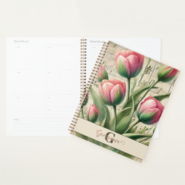 Monogram Pink & Green Vintag Tulips Noten Planer (Anzeige)