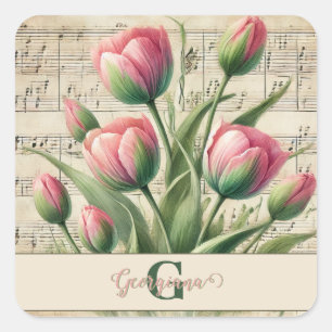 Monogram Pink & Green Vintag Tulips Noten Quadratischer Aufkleber