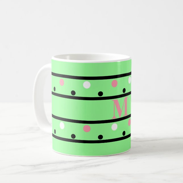 Monogram Pink Green White Polka Dots Kaffeetasse (Vorderseite Links)