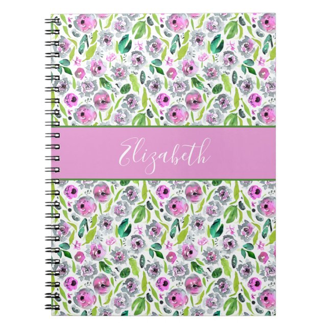 Monogram Pink Grey Boho Aquarell Floral Notizblock (Vorderseite)