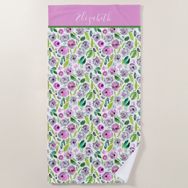 Monogram Pink Grey Boho Aquarell Floral Strandtuch (Vorderseite)