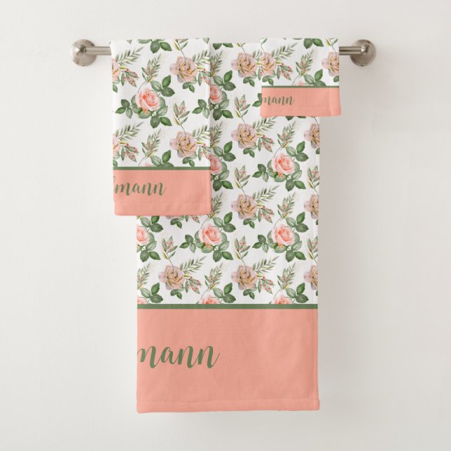 Monogram Pink Grey Floral Blume Rose Geschenk Badhandtuch Set (Insitu)