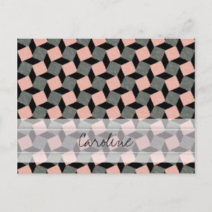Monogram Pink Grey Geometric Ikat Square Pattern Postkarte